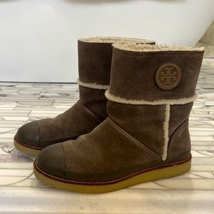 Tory Burch grey suede shearling boots